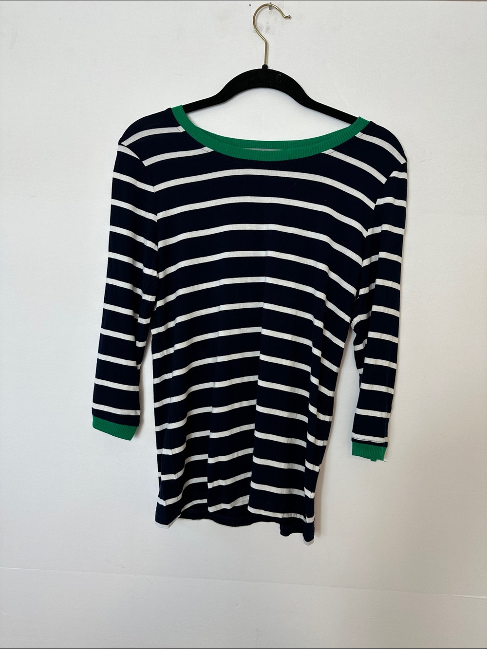 Lemon Tart Striped Navy and White Boatneck Top with Green Trim